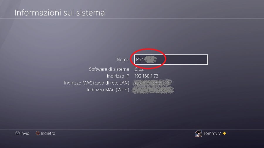 Cambiare Nome alla PS4