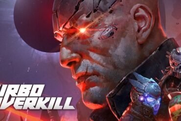 Copertina di Turbo Overkill con un uomo cibernetico dagli occhi rossi e tre guerrieri futuristici con elmi hi-tech.
