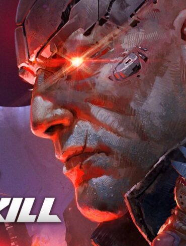 Copertina di Turbo Overkill con un uomo cibernetico dagli occhi rossi e tre guerrieri futuristici con elmi hi-tech.