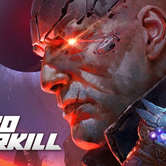 Copertina di Turbo Overkill con un uomo cibernetico dagli occhi rossi e tre guerrieri futuristici con elmi hi-tech.
