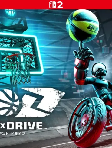 Una scena di gioco frenetica di Drag x Drive in un'arena futuristica illuminata al neon, con un giocatore in carrozzina in azione, mostrando le funzionalità del gioco e il logo di Nintendo Switch 2.