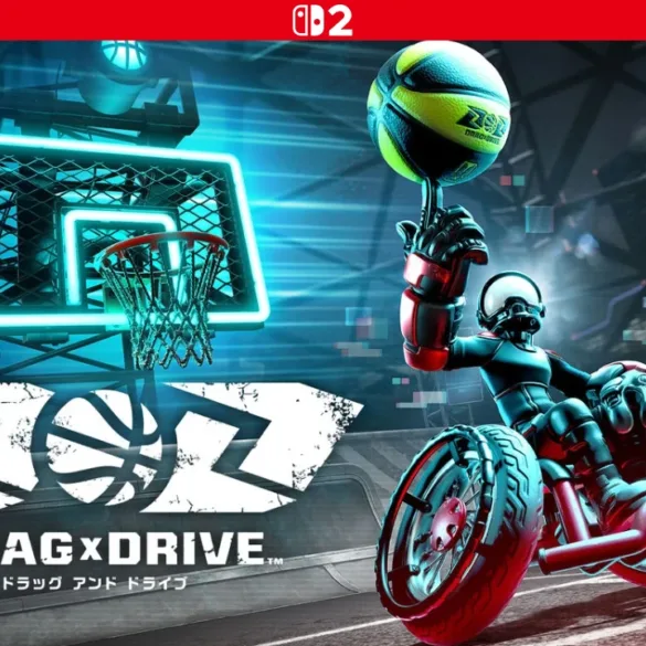 Una scena di gioco frenetica di Drag x Drive in un'arena futuristica illuminata al neon, con un giocatore in carrozzina in azione, mostrando le funzionalità del gioco e il logo di Nintendo Switch 2.