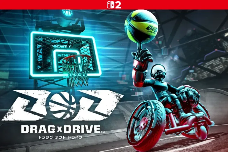 Una scena di gioco frenetica di Drag x Drive in un'arena futuristica illuminata al neon, con un giocatore in carrozzina in azione, mostrando le funzionalità del gioco e il logo di Nintendo Switch 2.