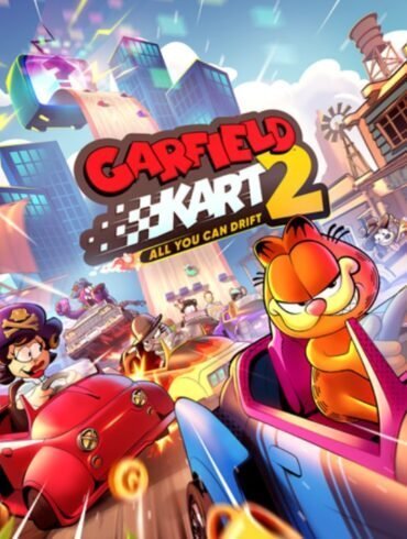 Garfield in un kart personalizzato in un circuito a tema western, circondato dai suoi amici. L'immagine ha colori vivaci