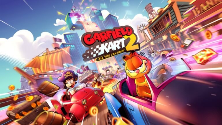 Garfield in un kart personalizzato in un circuito a tema western, circondato dai suoi amici. L'immagine ha colori vivaci