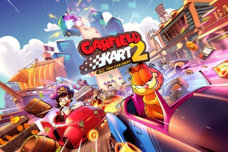 Garfield in un kart personalizzato in un circuito a tema western, circondato dai suoi amici. L'immagine ha colori vivaci