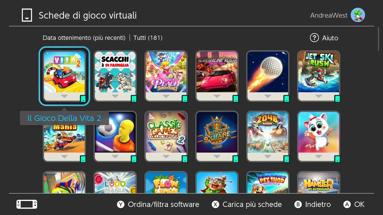 Nintendo Switch lista delle schede di gioco virtuali