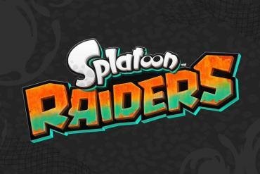 Logo di Splatoon Raiders su sfondo nero con motivi astratti. Il logo presenta la scritta "Splatoon" in bianco con un effetto di bolle e la scritta "Raiders" in arancione e verde con un bordo nero e verde acqua