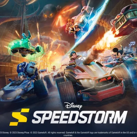 Una schermata di gioco di Disney Speedstorm su una pista colorata, che mostra dettagli grafici migliorati e un'azione fluida a 60 FPS.