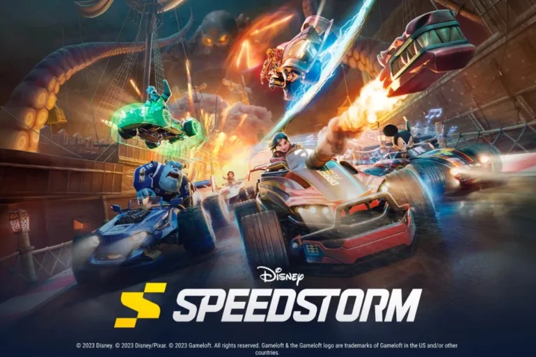 Una schermata di gioco di Disney Speedstorm su una pista colorata, che mostra dettagli grafici migliorati e un'azione fluida a 60 FPS.