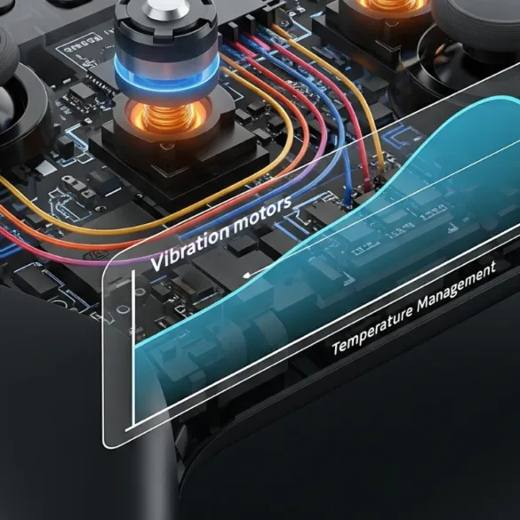 Illustrazione concettuale di un controller Nintendo con evidenziati i motori di vibrazione e un grafico che mostra la gestione della temperatura.