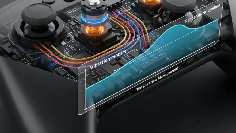 Illustrazione concettuale di un controller Nintendo con evidenziati i motori di vibrazione e un grafico che mostra la gestione della temperatura.