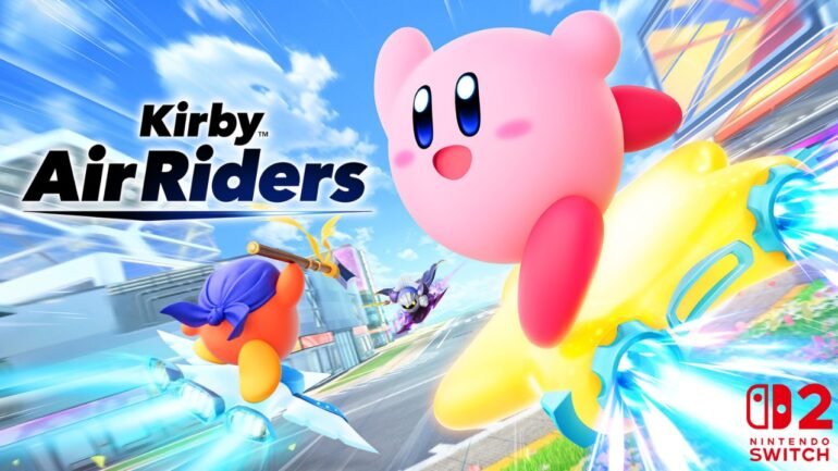 Una scena di gameplay frenetica di Kirby Air Riders, che mostra Kirby e altri personaggi su vari veicoli che usano le loro abilità in una pista colorata, con il logo di Nintendo Switch 2.