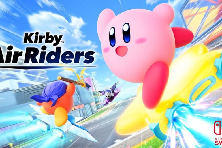 Una scena di gameplay frenetica di Kirby Air Riders, che mostra Kirby e altri personaggi su vari veicoli che usano le loro abilità in una pista colorata, con il logo di Nintendo Switch 2.