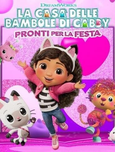 Gabby e Pandy Panda in una stanza colorata della casa delle bambole, pronti per una festa, con il logo del gioco e della Nintendo Switch in primo piano.