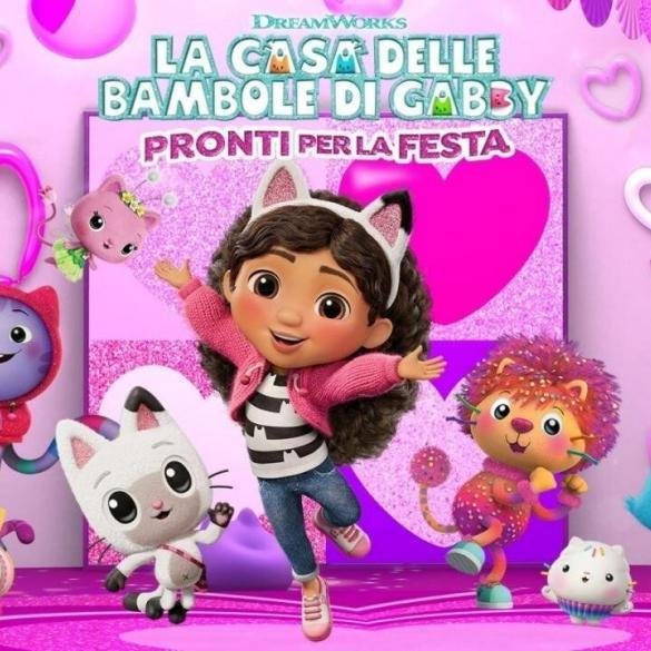 Gabby e Pandy Panda in una stanza colorata della casa delle bambole, pronti per una festa, con il logo del gioco e della Nintendo Switch in primo piano.