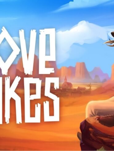 Una visuale isometrica del personaggio Aiyana mentre costruisce una casa in un paesaggio del selvaggio West, con il logo del gioco.