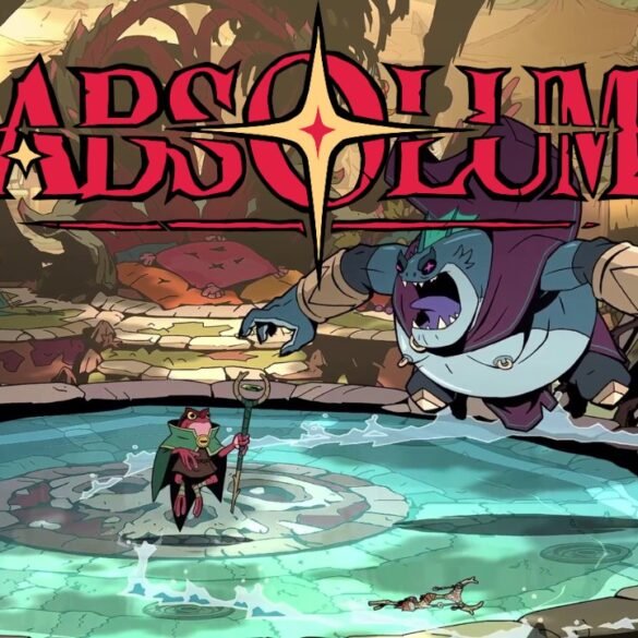 Una rappresentazione artistica del nuovo personaggio Brome, la rana umanoide, in una posa dinamica che usa la sua magia e il suo bastone, con il logo di Absolum.