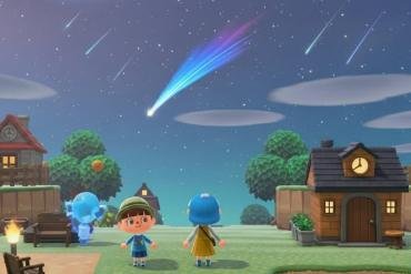 Una veduta ampia dell'isola di Animal Crossing di notte, con una pioggia di stelle cadenti. Un personaggio e Celesto osservano il cielo stellato.