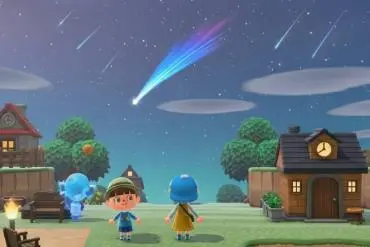 Una veduta ampia dell'isola di Animal Crossing di notte, con una pioggia di stelle cadenti. Un personaggio e Celesto osservano il cielo stellato.