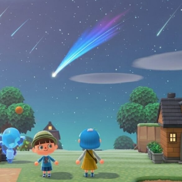 Una veduta ampia dell'isola di Animal Crossing di notte, con una pioggia di stelle cadenti. Un personaggio e Celesto osservano il cielo stellato.