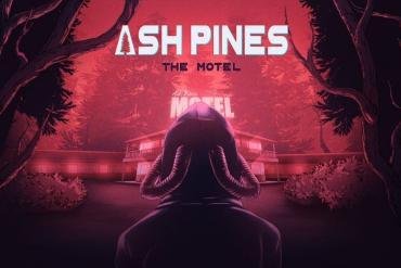 Una foto di un motel immerso nell'oscurità in una notte di tempesta, con un logo spettrale di Ash Pines: The Motel.