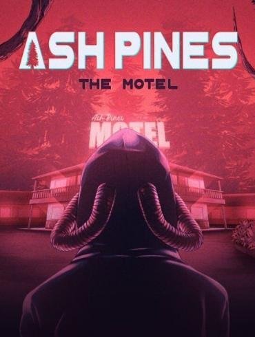 Una foto di un motel immerso nell'oscurità in una notte di tempesta, con un logo spettrale di Ash Pines: The Motel.