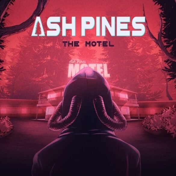 Una foto di un motel immerso nell'oscurità in una notte di tempesta, con un logo spettrale di Ash Pines: The Motel.