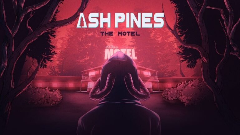 Una foto di un motel immerso nell'oscurità in una notte di tempesta, con un logo spettrale di Ash Pines: The Motel.