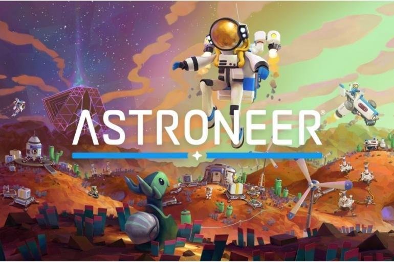 Un astronauta di ASTRONEER che si trova di fronte a un'enorme Megastruttura futuristica su un pianeta alieno, con il logo di Megatech.