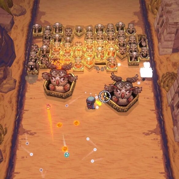 Una scena di gioco dinamica di Ball x Pit, che mostra il protagonista in azione con vari proiettili