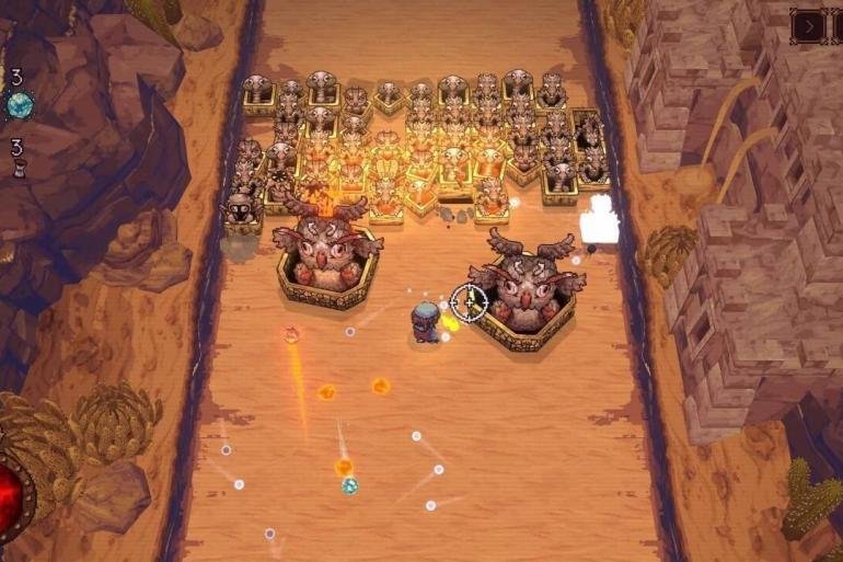Una scena di gioco dinamica di Ball x Pit, che mostra il protagonista in azione con vari proiettili