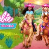 Una scena di gioco dinamica che mostra Barbie a cavallo nel Canterbury Trails Park, un'ambientazione ricca di natura, con il logo del gioco e della Nintendo Switch.