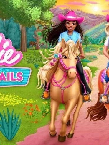 Una scena di gioco dinamica che mostra Barbie a cavallo nel Canterbury Trails Park, un'ambientazione ricca di natura, con il logo del gioco e della Nintendo Switch.