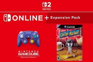 Chibi-Robo in una posa sorridente, con il logo del gioco e il logo di Nintendo Switch Online + Pacchetto Aggiuntivo e della console Nintendo Switch 2.