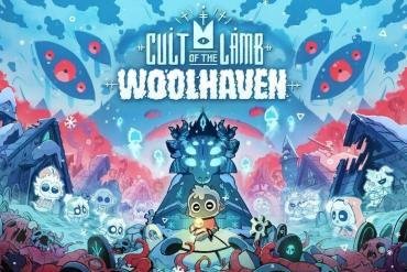 Il protagonista Agnello in un ambiente innevato e gelido dell'espansione Woolhaven di Cult of the Lamb, con creature nemiche corrotte sullo sfondo
