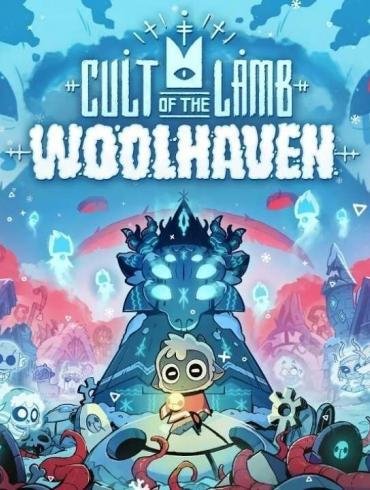 Il protagonista Agnello in un ambiente innevato e gelido dell'espansione Woolhaven di Cult of the Lamb, con creature nemiche corrotte sullo sfondo