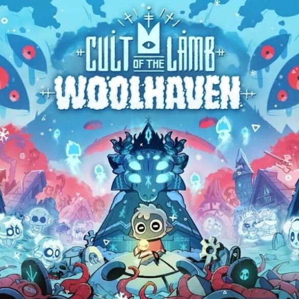 Il protagonista Agnello in un ambiente innevato e gelido dell'espansione Woolhaven di Cult of the Lamb, con creature nemiche corrotte sullo sfondo