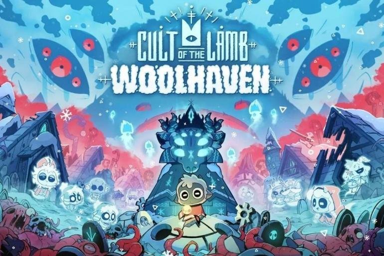 Il protagonista Agnello in un ambiente innevato e gelido dell'espansione Woolhaven di Cult of the Lamb, con creature nemiche corrotte sullo sfondo
