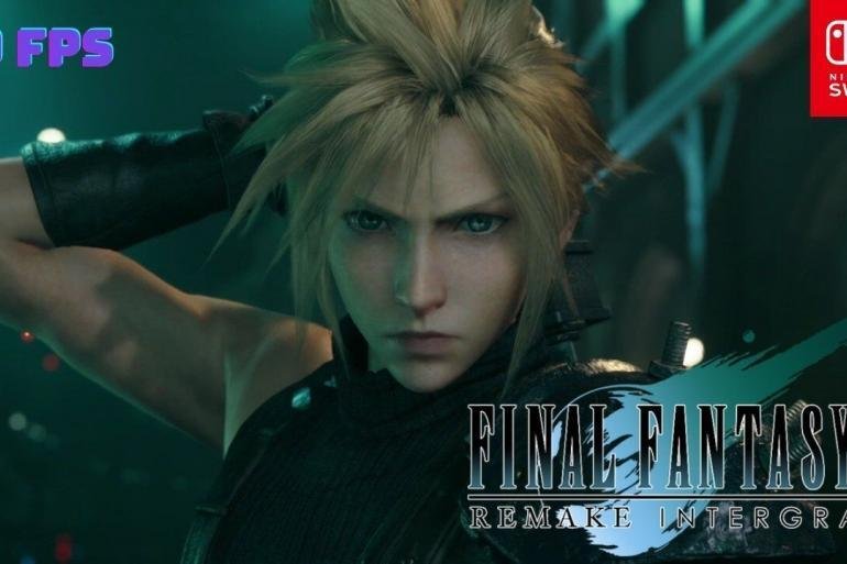 Cloud Strife in una posa d'azione da Final Fantasy VII Remake Intergrade, con l'icona "30 FPS" e il logo di Nintendo Switch 2.