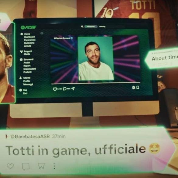 Francesco Totti in una posa iconica, con un'illustrazione che lo ritrae come giocatore di EA SPORTS FC 26.