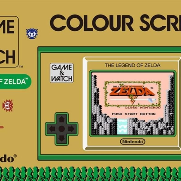 Una foto ravvicinata della confezione Game & Watch: The Legend of Zelda che mostra il gioco in esecuzione, con il logo di Zelda e l'iconica Triforza.