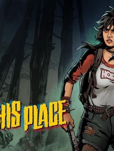 Una scena di gioco in stile fumetto '80s di I Hate This Place, con la protagonista Elena che esplora una foresta inquietante di notte.