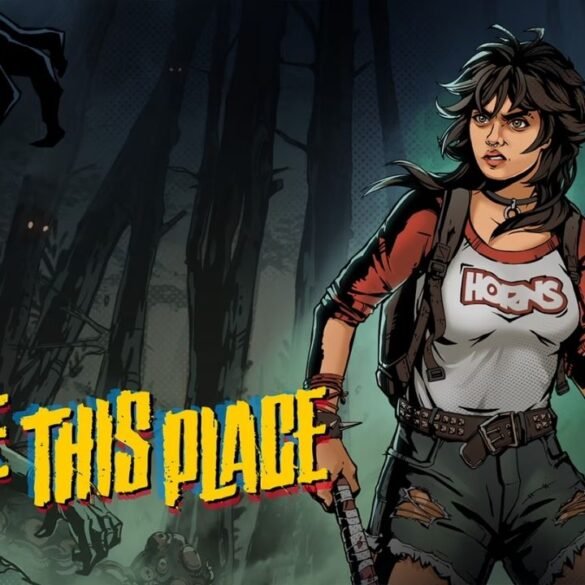 Una scena di gioco in stile fumetto '80s di I Hate This Place, con la protagonista Elena che esplora una foresta inquietante di notte.