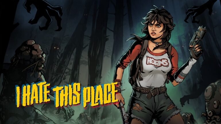 Una scena di gioco in stile fumetto '80s di I Hate This Place, con la protagonista Elena che esplora una foresta inquietante di notte.