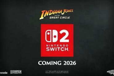 Indiana Jones in un'avventura, con un logo che annuncia il suo arrivo su Nintendo Switch 2.