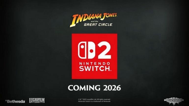 Indiana Jones in un'avventura, con un logo che annuncia il suo arrivo su Nintendo Switch 2.