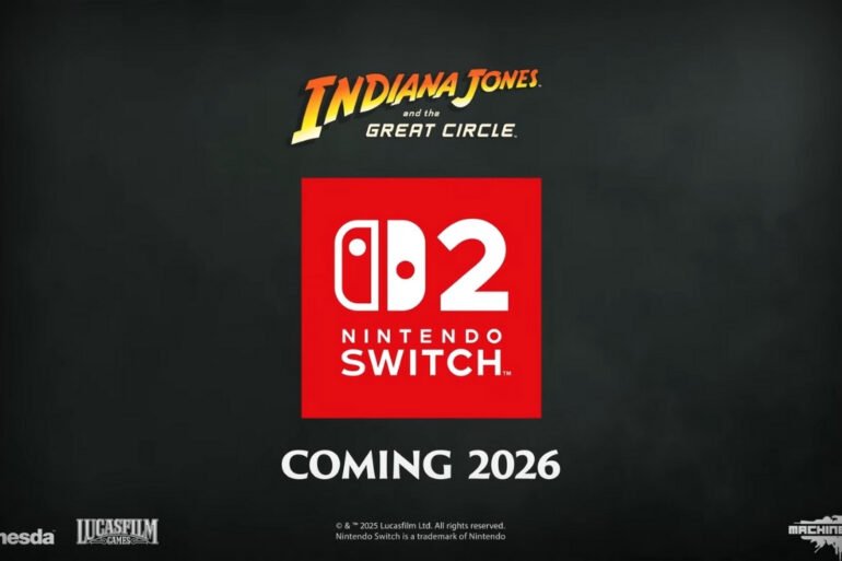 Indiana Jones in un'avventura, con un logo che annuncia il suo arrivo su Nintendo Switch 2.