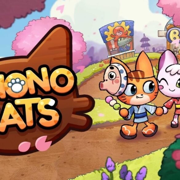 Una coppia di gatti in kimono all'interno di un festival estivo giapponese, intenti a giocare a un mini-gioco. L'immagine ha colori vivaci.