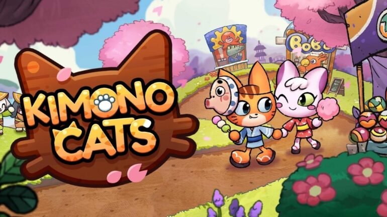 Una coppia di gatti in kimono all'interno di un festival estivo giapponese, intenti a giocare a un mini-gioco. L'immagine ha colori vivaci.